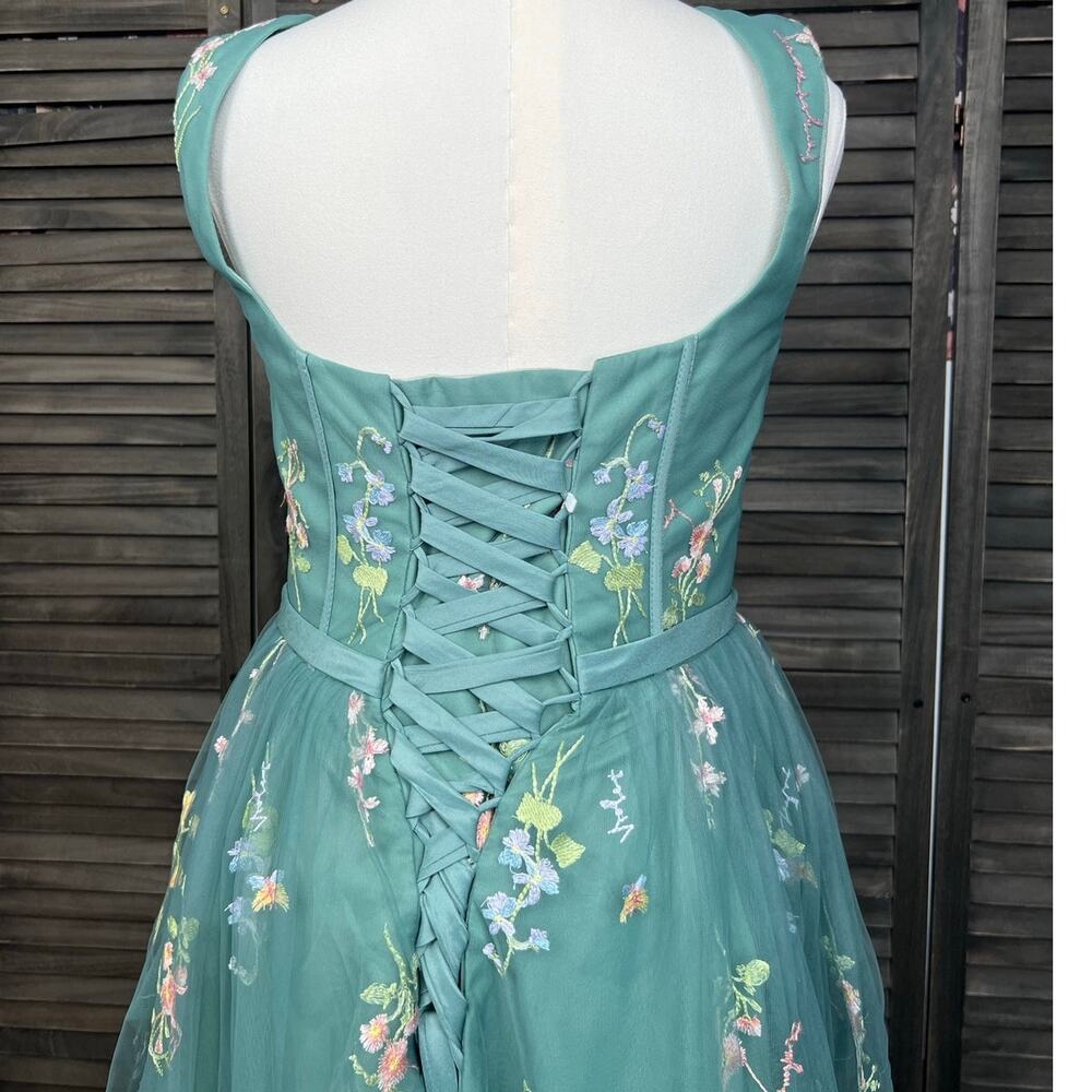 Teal Green Embroidered Floral Tulle Corset Midi Dress 10 Fairycore Formal - Picture 7 of 13